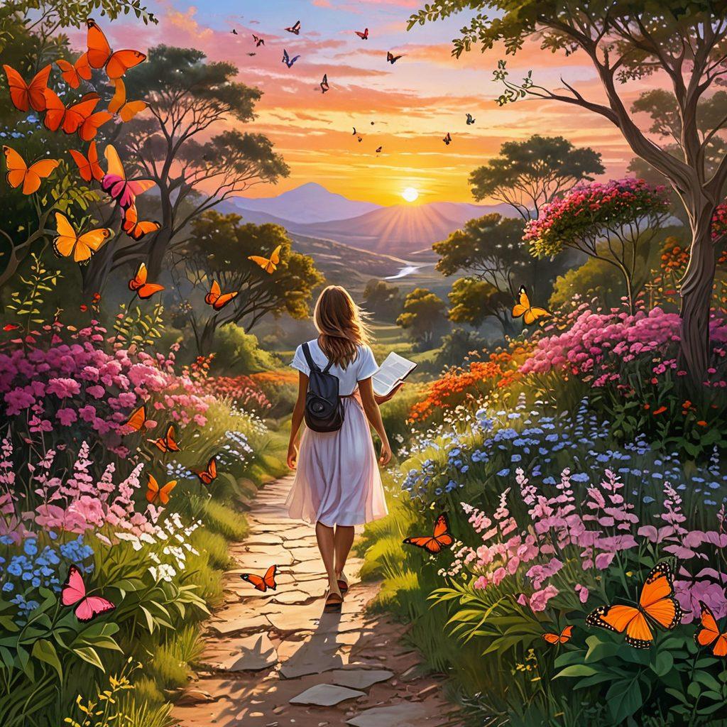 A serene landscape showcasing a vibrant sunrise over a peaceful path lined with blooming flowers, symbolizing transformation and joy. Include a person walking with a smile, holding a journal, and surrounded by nature's beauty. Add uplifting elements like colorful butterflies and a gentle breeze depicted through flowing leaves. super-realistic. vibrant colors. peaceful atmosphere.