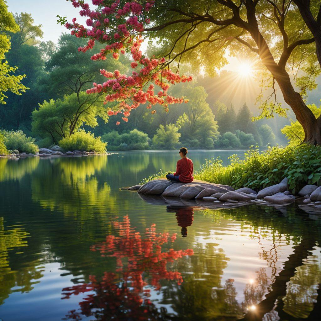 A serene landscape featuring a person meditating on a calm lake, surrounded by lush greenery and blooming flowers. In the background, soft sunlight filters through the trees, creating a warm and inviting atmosphere. Include visual metaphors of resilience, such as a strong tree bending with the wind but not breaking, and gentle ripples on the water symbolizing contentment. super-realistic. vibrant colors. peaceful ambiance.