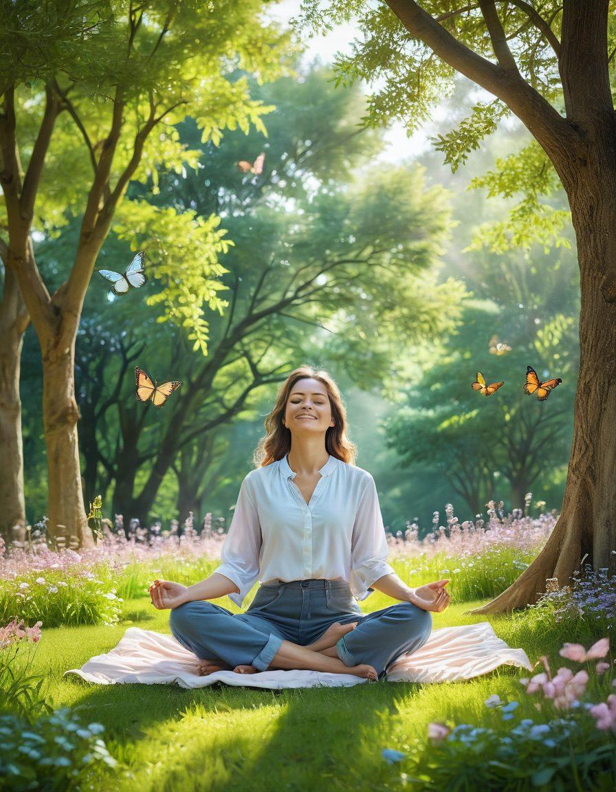 A serene landscape featuring a person meditating in a lush green park, surrounded by blooming flowers, butterflies, and sunlight filtering through trees. The scene embodies tranquility and joy, with a gentle smile on the person's face, symbolizing inner peace and happiness. Add elements like uplifting quotes in soft pastel colors floating in the air. super-realistic. vibrant colors. natural lighting.